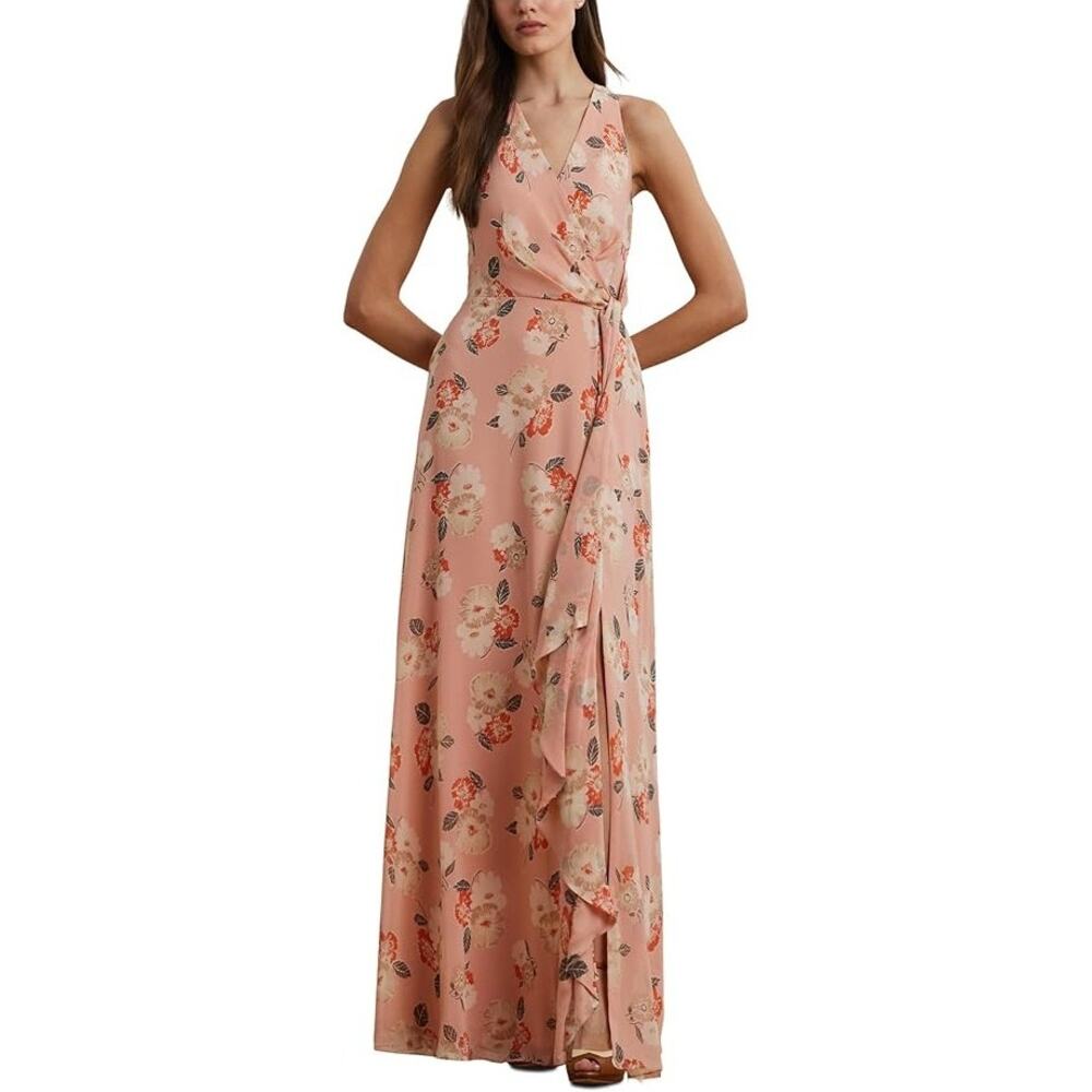 Ralph Lauren Women Pink Floral Ruffle Trim Georgette Maxi Gown Dress Size US 14